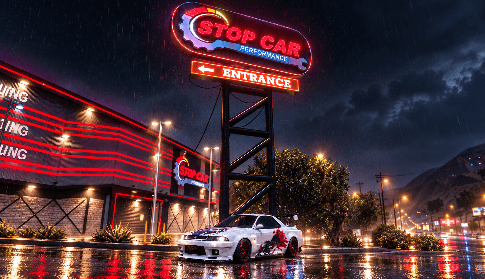 Vice District performance shop glowing in the rain