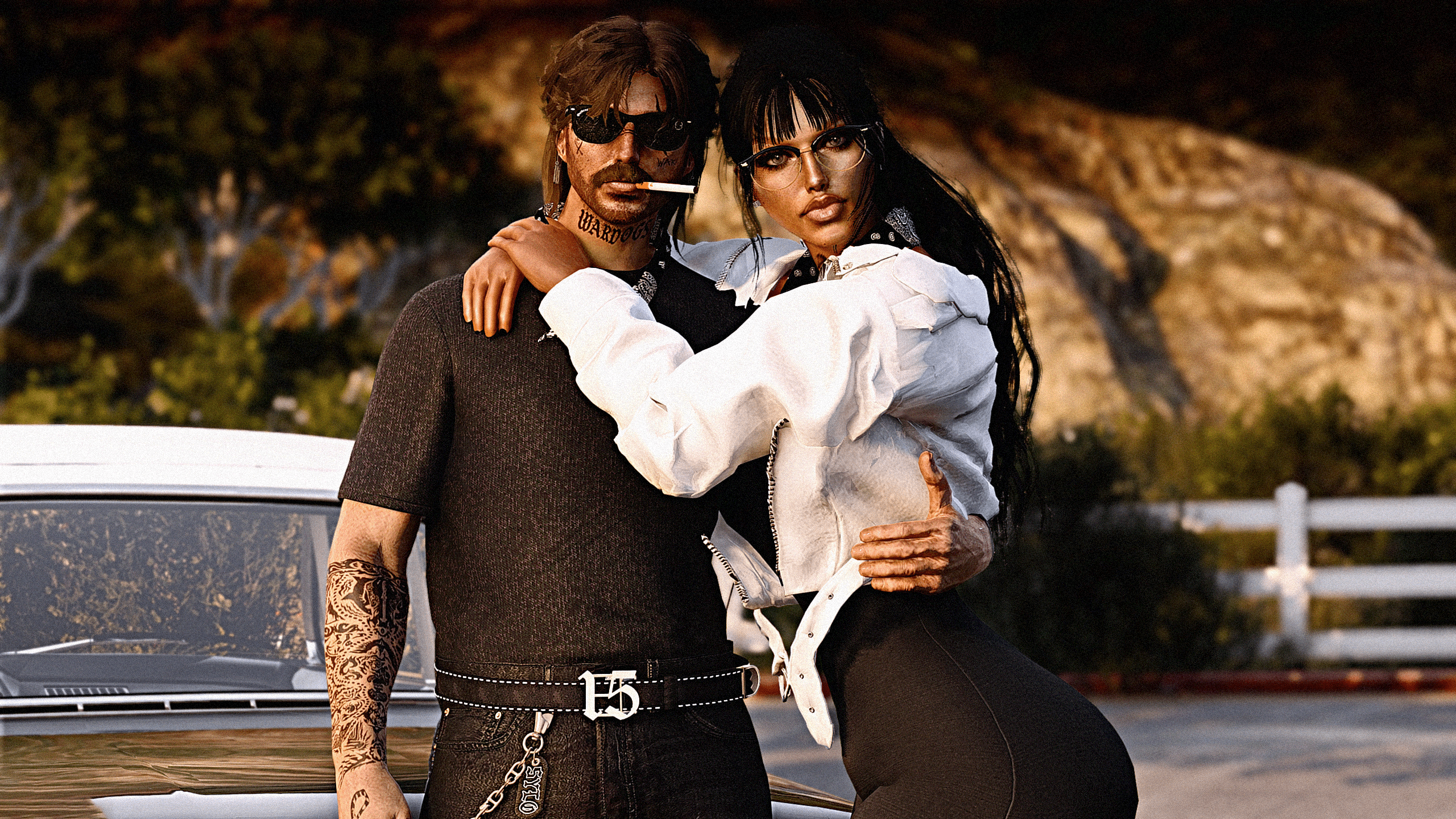 Two Vice District characters standing together near their car