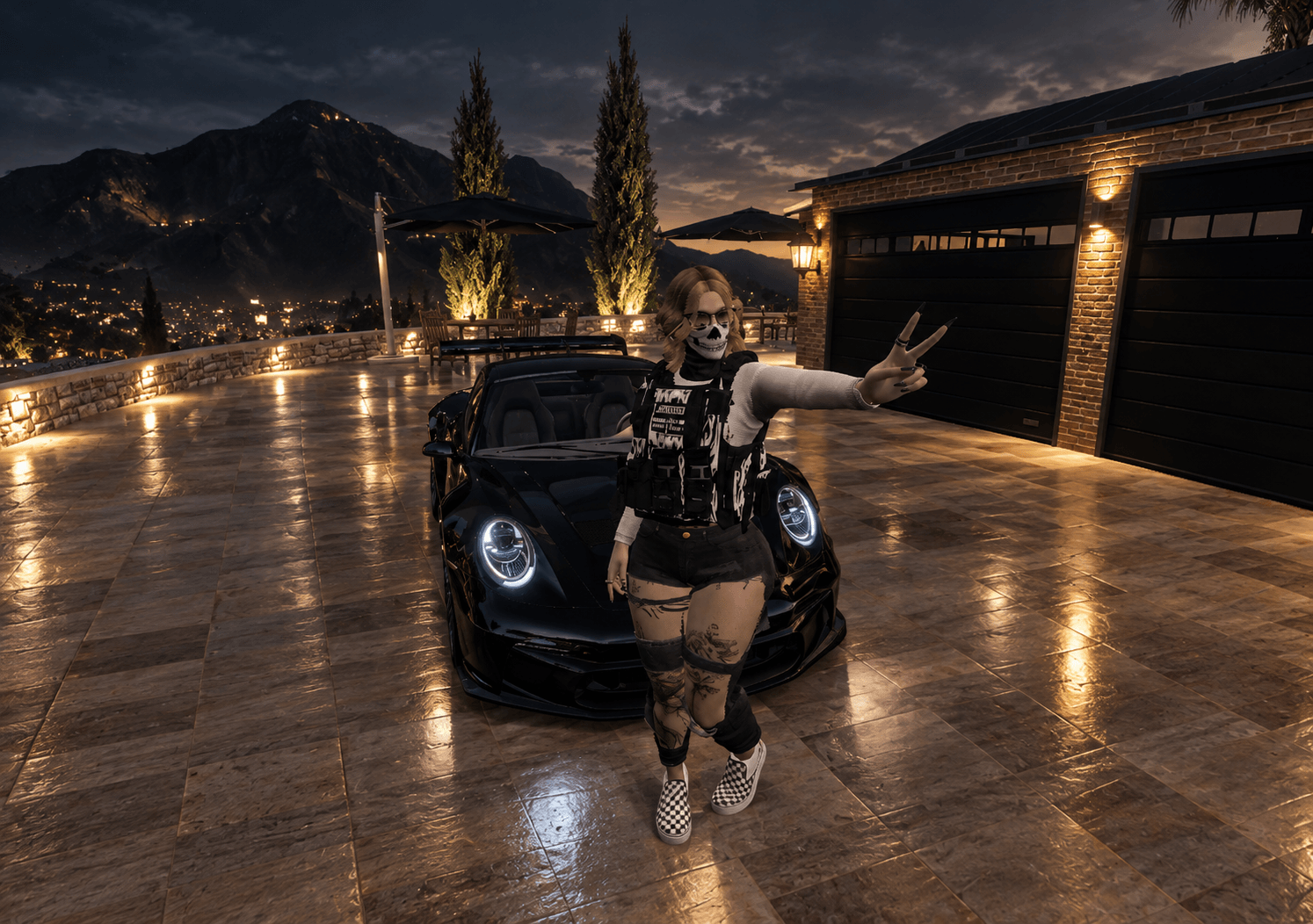 Vice District character outside a luxury hillside home