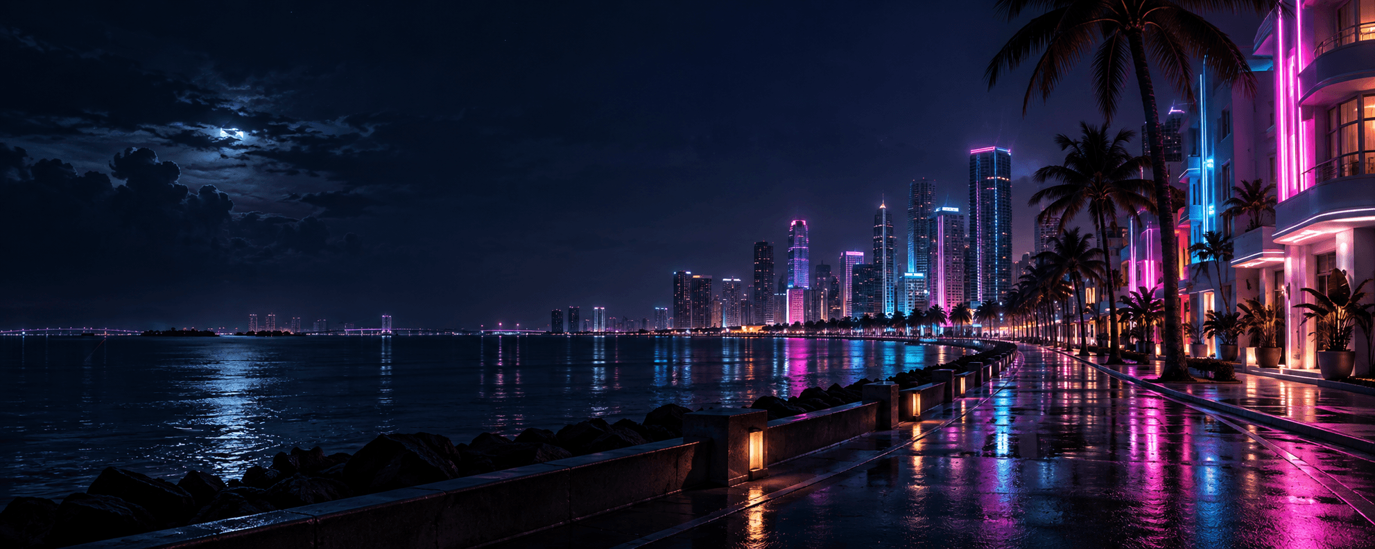 Original neon-lit coastal city at night